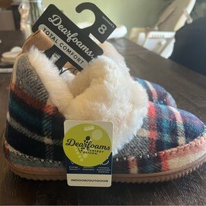 Dearfoams Multicolor Plaid Slippers with Faux Fur NWT